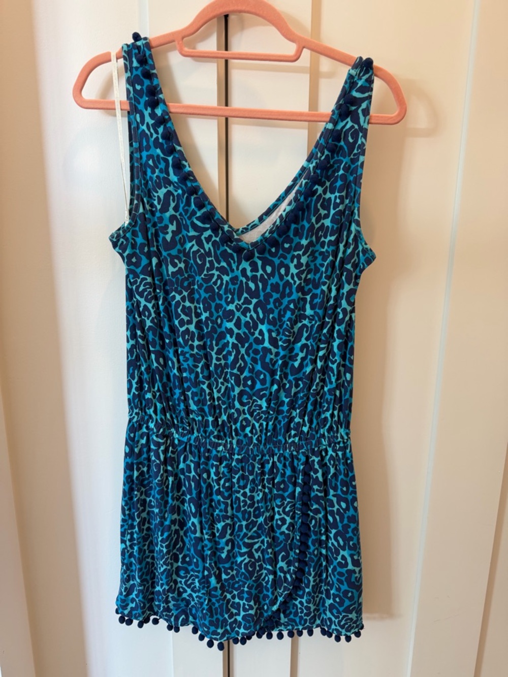 Lilly Pulitzer Blue Teal Leopard Print Sleeveless Romper with Pom Trim- Medium